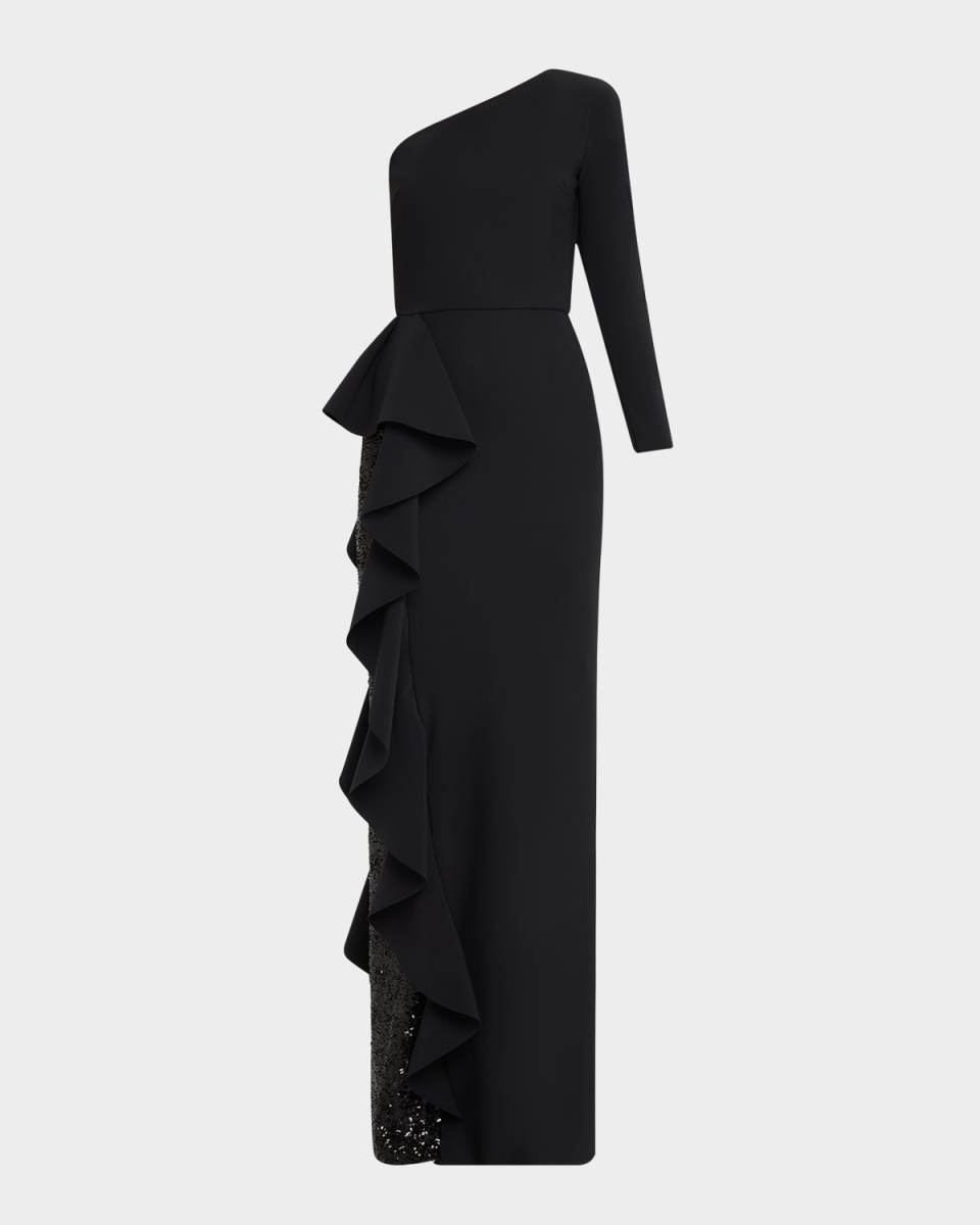 One-Shoulder Sequin Skirt Ruffle Gown